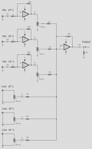 Op-Amp 6-Line Audio Mixer Circuit